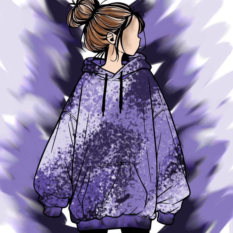 realistic girl with a oversized sweatshirt on and a bun