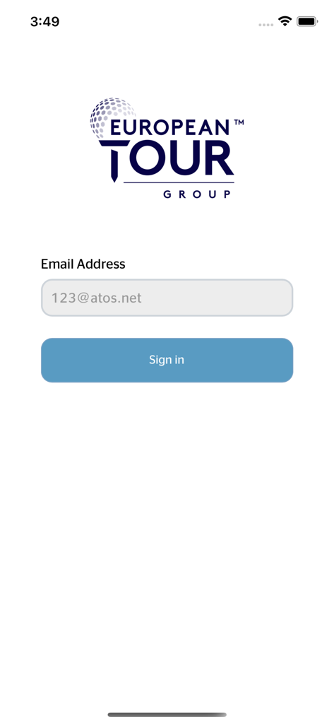 My Tour - Login page of the My Tour app by European Tour Group featuring an email sign in field