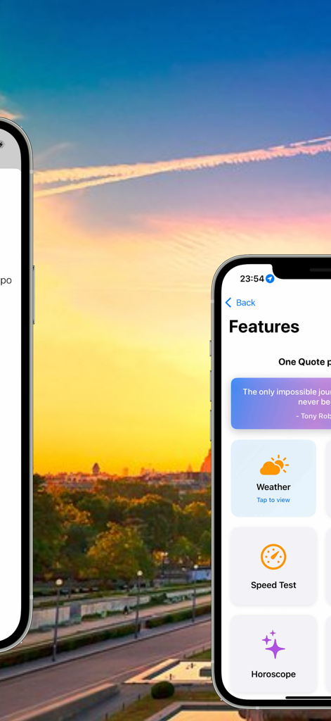 Features screen of the MonRadio France app showing weather and speed test tools