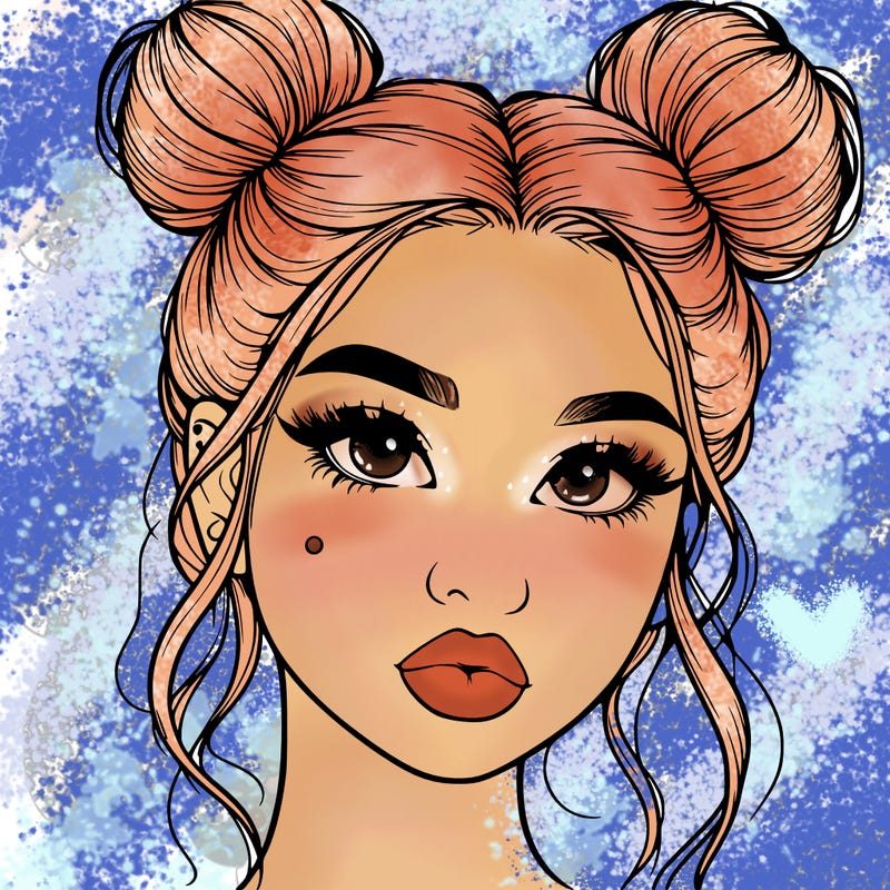 realistic girl with two buns on her hair and lips