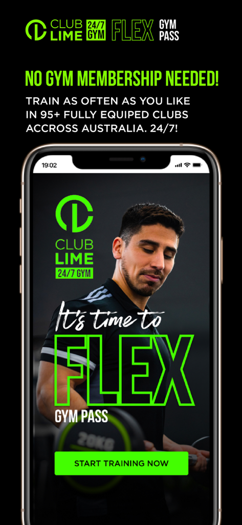 Club Lime Flex Gym Pass - Club Lime Flex Gym Pass mobile app screen showing a man training with a 24/7 gym access headline.