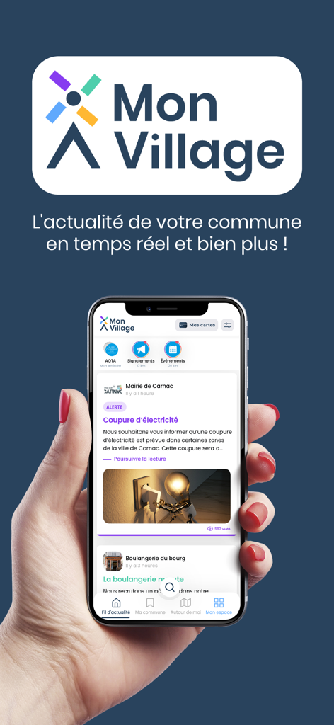 Mon Village - infos & services - A person holding a smartphone showing the news feed of the Mon Village community app with a local power outage alert
