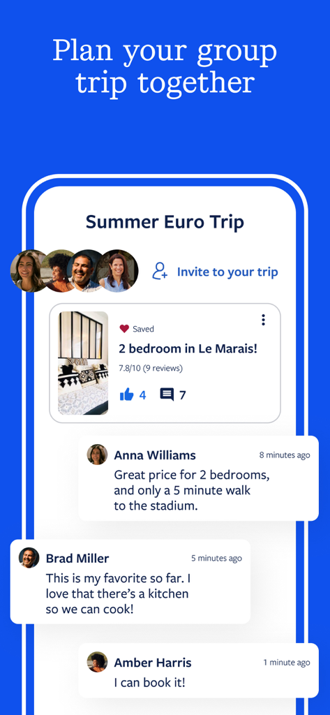 Vrbo app interface showing a group trip planner with chat messages and a saved vacation rental in Le Marais