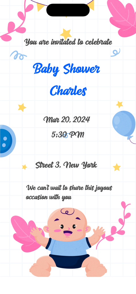Baby shower Invitation . - Una invitación personalizada para baby shower para Charles con lindas ilustraciones de bebés y globos