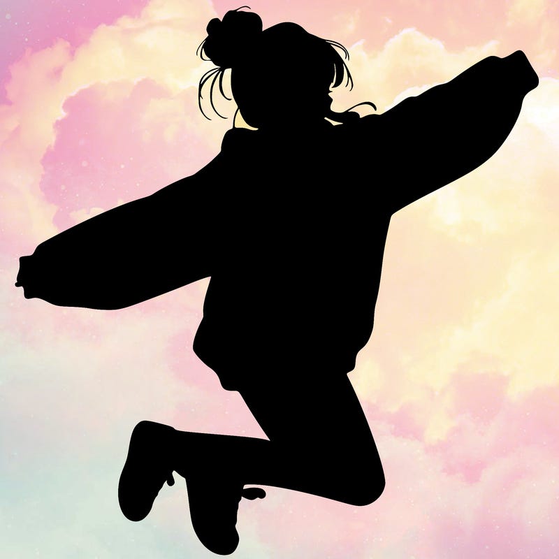 realistic girl jumping with a bun and oversized sweatshirt