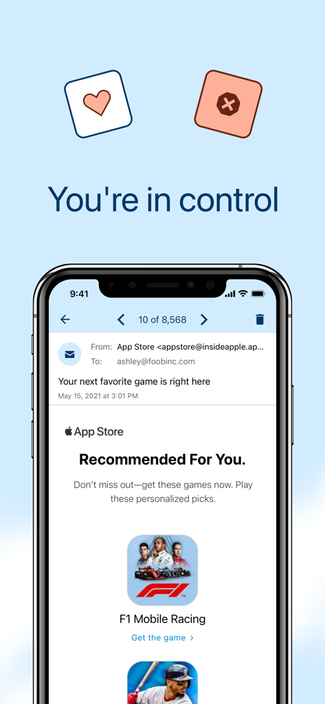 Spamdrain - clean email - A screenshot of the Spamdrain app displaying the You are in control message and email filtering options on an iPhone.