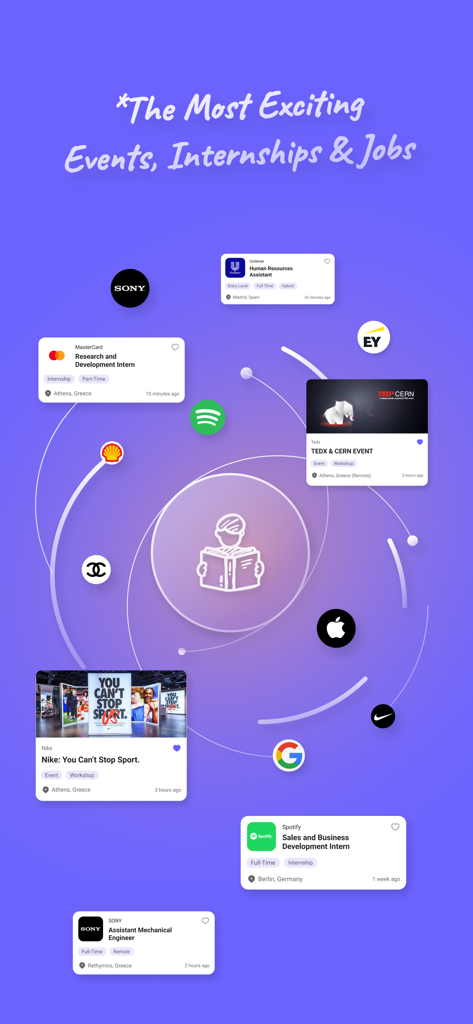 UniStudents - Screenshot of UniStudents app showing career opportunities and events from global brands like Sony Spotify and Google