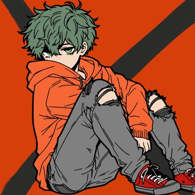 a male hoddie ripped jeans messy hair anime