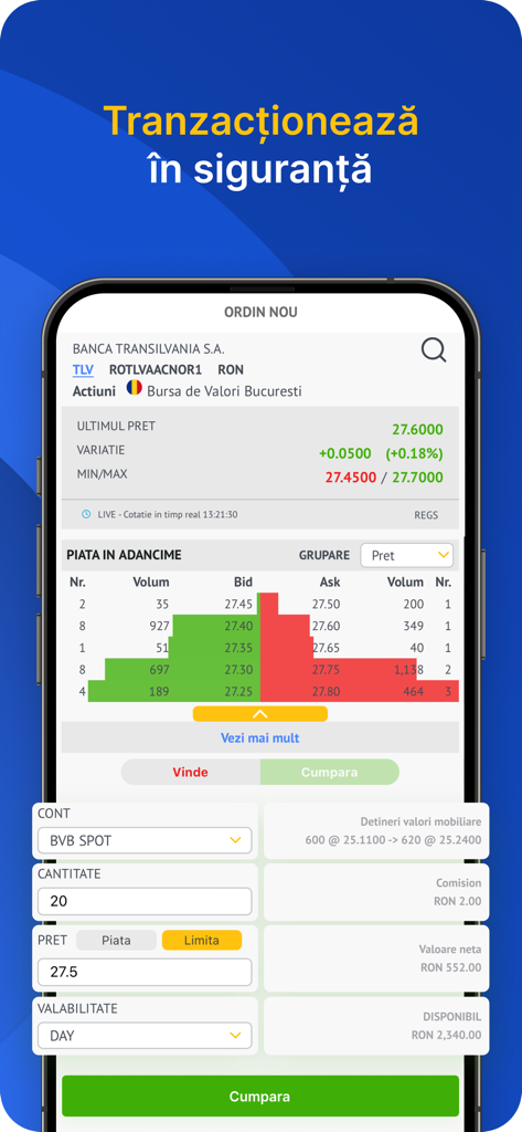 BT Trade - Smartphone screen displaying the BT Trade app stock trading interface for the Bucharest Stock Exchange.
