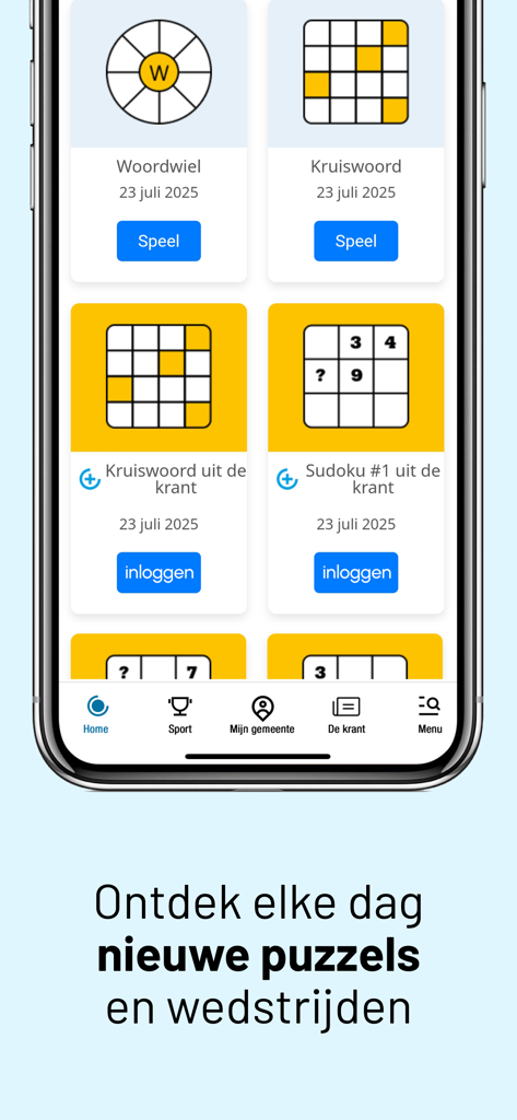 HBVL Nieuws - Capture d'écran de l'application HBVL Nieuws affichant des jeux quotidiens, notamment des mots croisés et des sudokus.