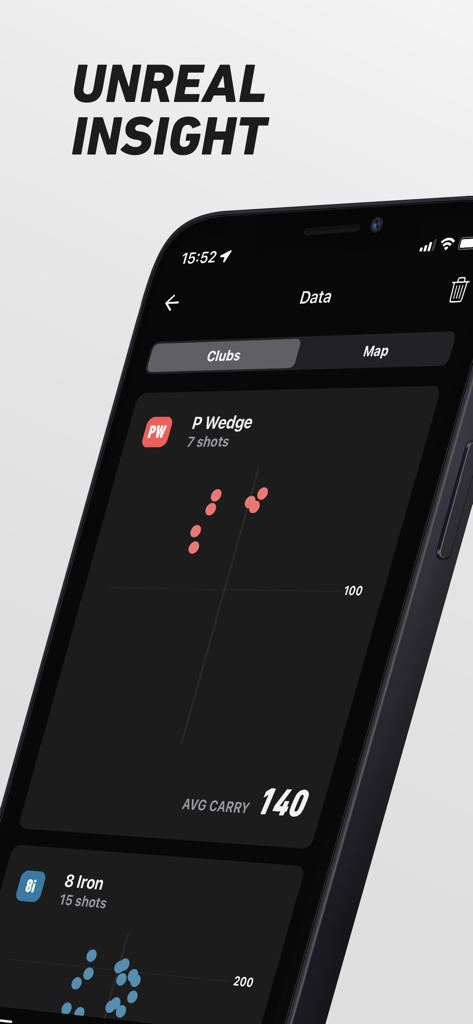 ShotVision app screen displaying golf club performance metrics and shot dispersion scatter plots.