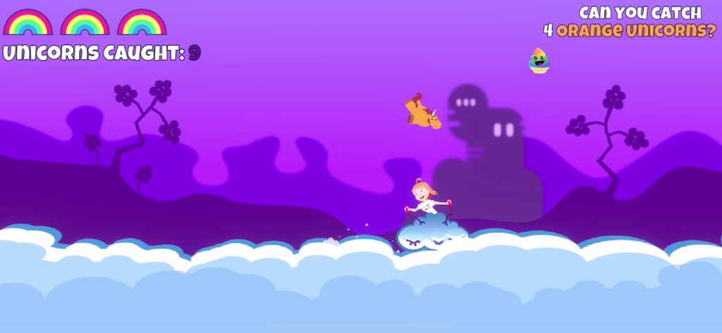 Adley riding a magic cloud to catch orange unicorns in a purple landscape