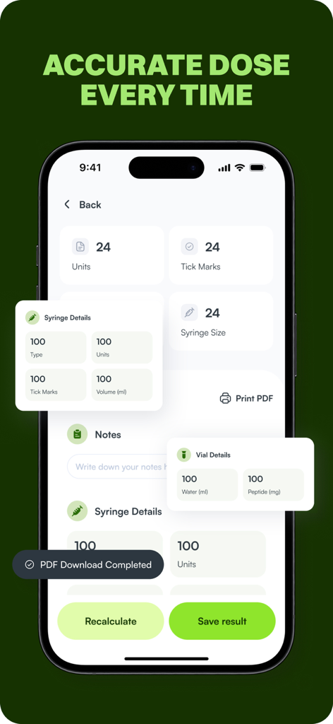 Peptide Calculator App - Una interfaz móvil de la app Calculadora de Péptidos que muestra unidades de dosis precisas y detalles de la jeringa con una confirmación de exportación a PDF.