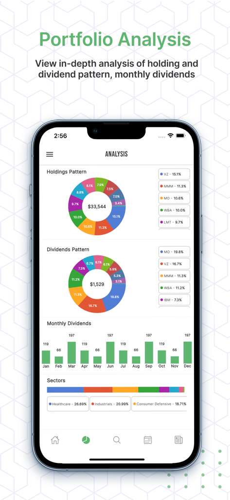 DividendNow app screen displaying portfolio analysis with pie charts for stock holdings and dividend distribution plus a monthly income bar chart