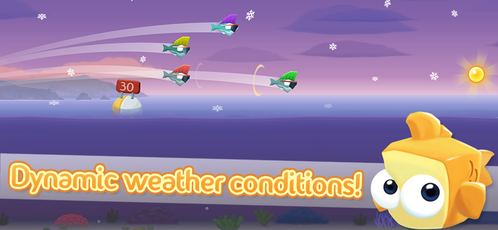 Fish Out Of Water! - A gameplay screen from Fish Out Of Water showing dynamic weather conditions with snow and flying fish