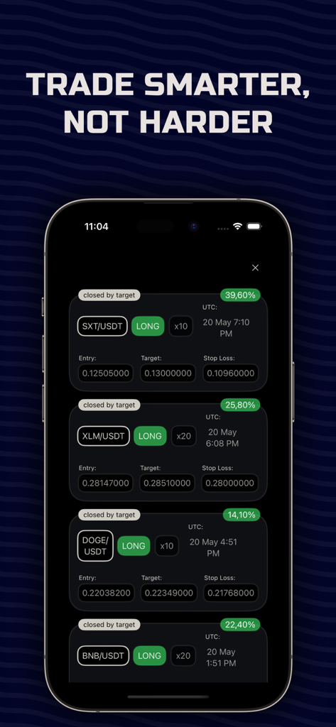 Crypto Signals app interface showing successful trade history with percentage profits