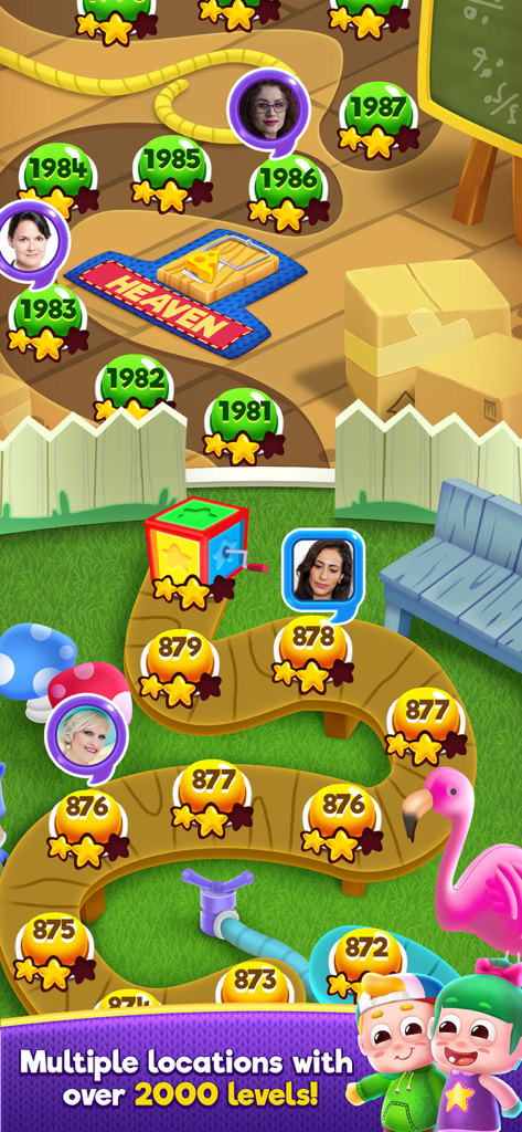 Bubble Shooter Game : Toys Pop - Toys Pop bubble shooter level map showing game progression through different colorful toy-themed locations with social friend icons