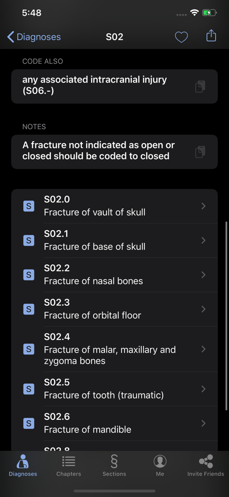Mobile app screen showing a list of ICD-10 CM medical codes for different types of skull and facial fractures