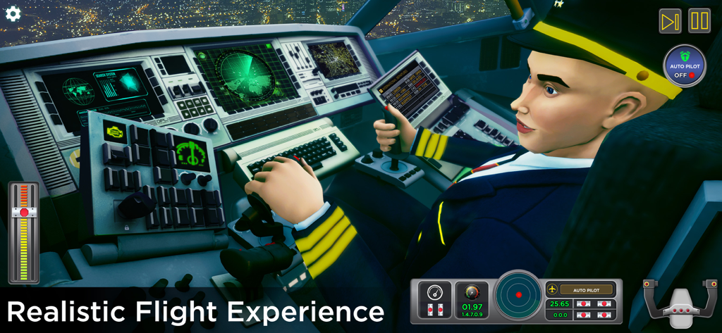 A pilot character in a 3D cockpit with flight controls and digital instruments in City Airplane Pilot Flight Sim