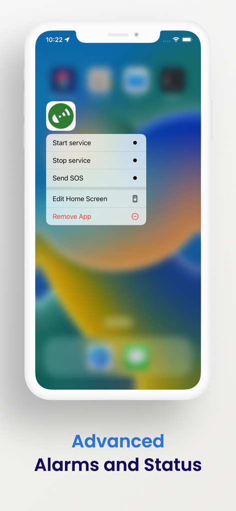 Traccar Client - Traccar Client app showing iOS quick actions menu for service control and SOS