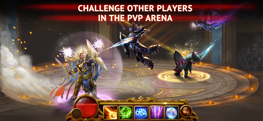 Guerreros de fantasía participando en una batalla de arena PVP en Guild of Heroes