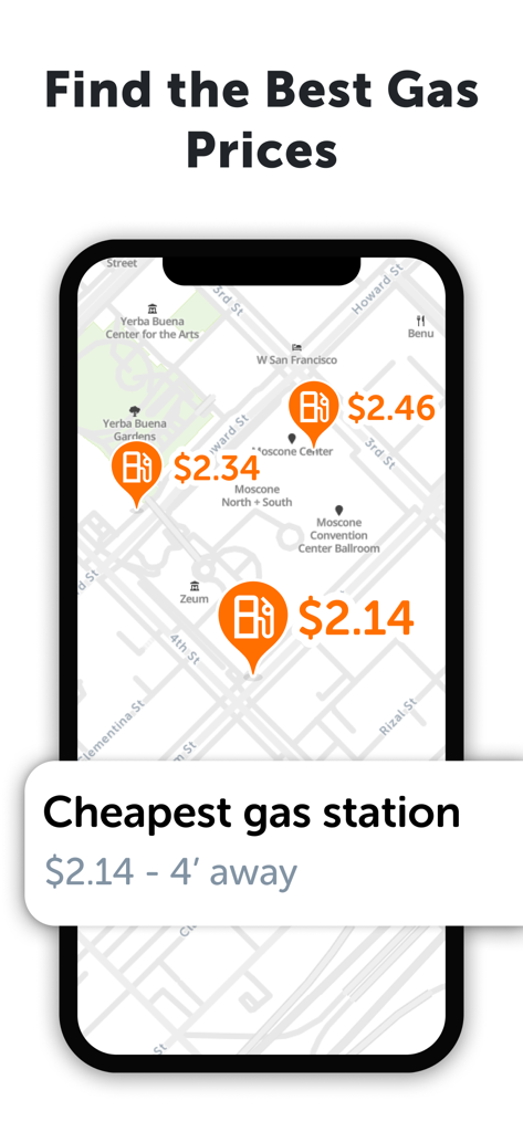 SpotAngels mobile app interface showing a map with gas station prices to find the cheapest fuel nearby