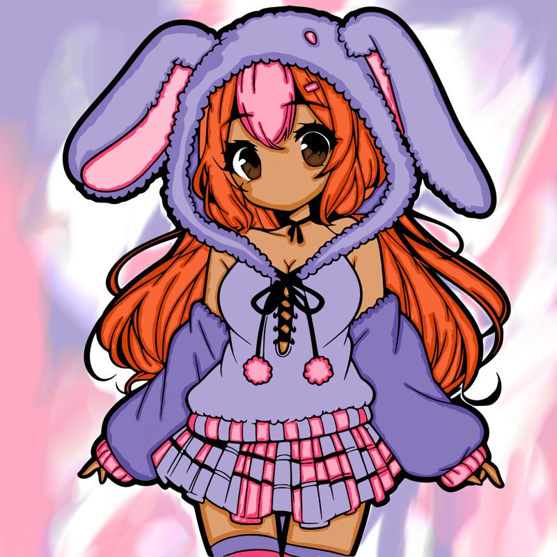 pretty anime girl wearing a fluffy hoodie with bunny ears on the hood and a skirt