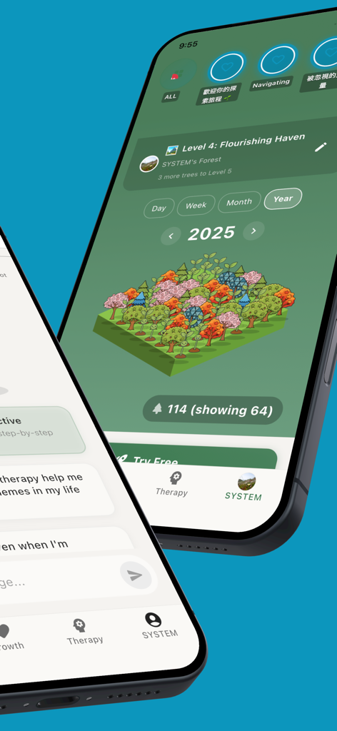 MindForest: AI Journal x Coach - Schermate dell'app MindForest che mostrano una foresta di crescita visiva e un'interfaccia di chat di coaching AI