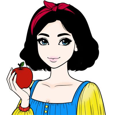 a woman with medium short hair, wearing a headband with a small bow, carrying an apple in her hand, realistic