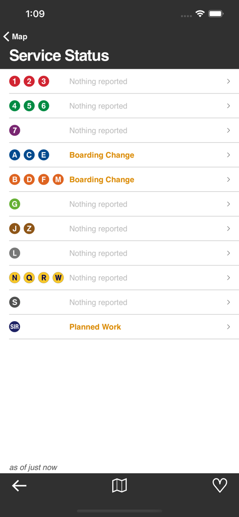 Underway: NYC Subway Transit - A screenshot of the Underway app showing the service status for various New York City subway lines.