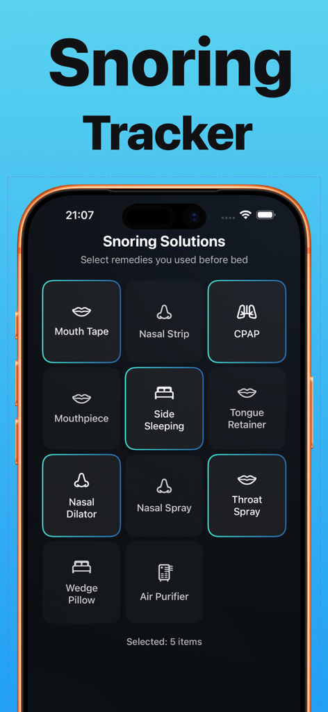 Snorly app interface showing a list of snoring remedies to track before sleep including CPAP and nasal strips