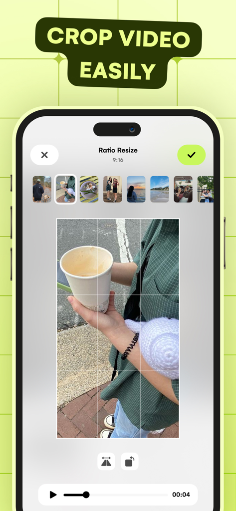 Resize Video - Smartphone interface showing a video being cropped to 9-16 aspect ratio in the Resize Video app