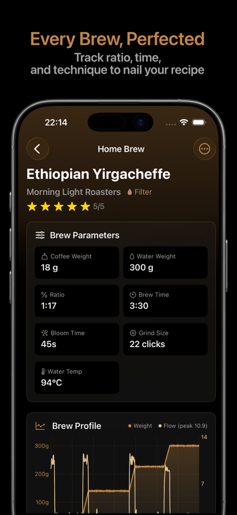 Beanstats app interface showing detailed coffee brewing parameters and a real time flow rate tracking chart