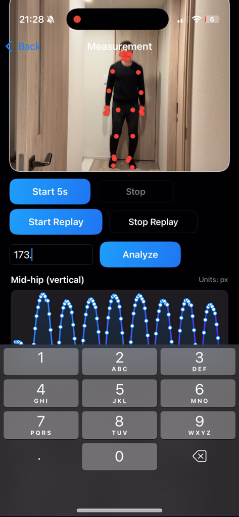 VerticalJumpTest app interface showing body tracking markers and a performance analysis graph.