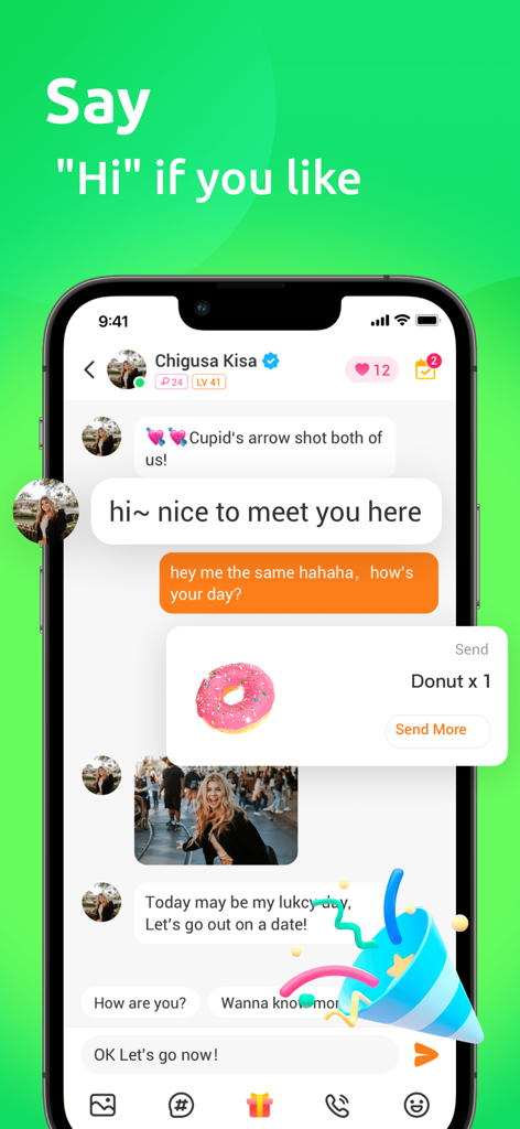 Zeetok - Meet and Chat - A chat interface in the Zeetok app showing a conversation with text messages, a photo, and a virtual donut gift.