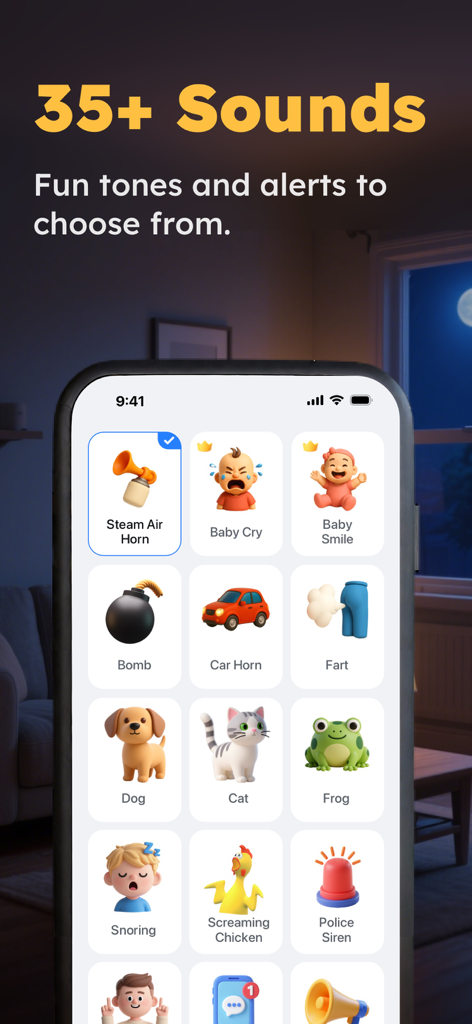 A screen showing various alert sounds for the ClapBack app including animal noises, sirens, and fun tones.
