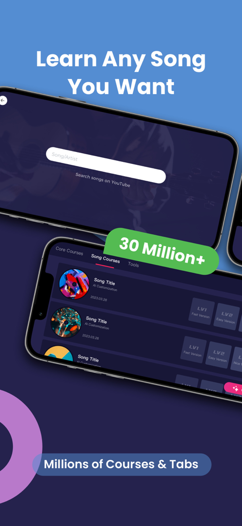 OKMusician: Guitar & Ukulele - OKMusician app interface showing a song search feature and a library of millions of guitar and ukulele courses and tabs.