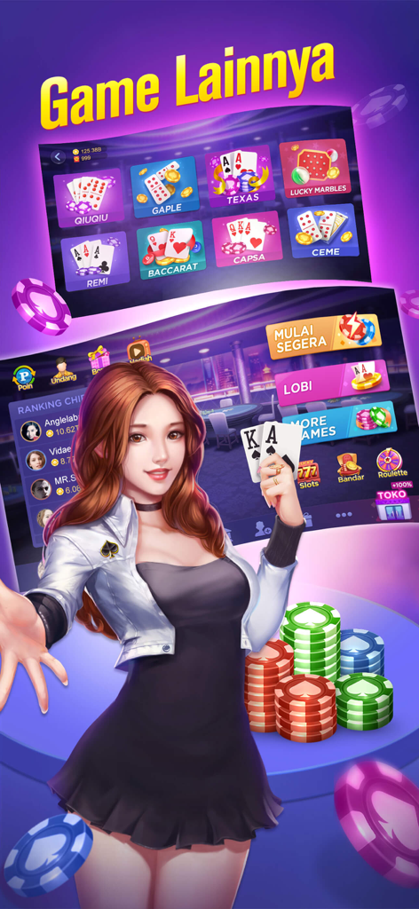 Poker Online: Texas Holdem - Interface de l'application Poker Online montrant une variété de jeux comme le Gaple et le Texas Holdem