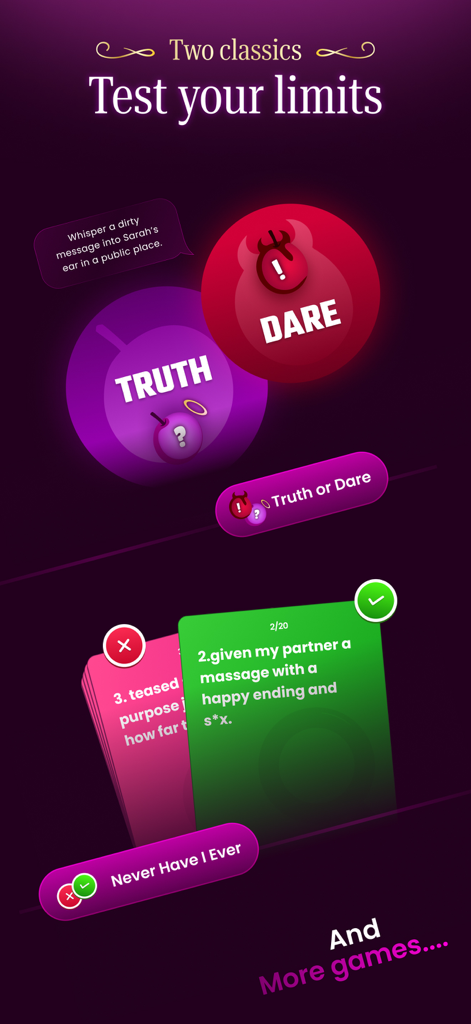 Wahrheit oder Pflicht und Nie im Leben-Spielmodi in der Scratch Adventure App.