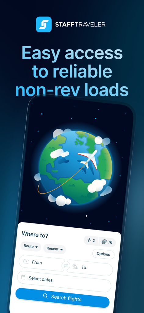 Pantalla de inicio de la aplicación StaffTraveler para buscar ocupación de vuelos standby de aerolíneas