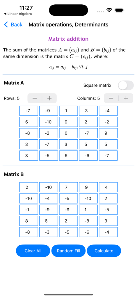 ALG Math Solver - Matrix addition calculator interface within the ALG Math Solver app showing two 5 by 5 input grids