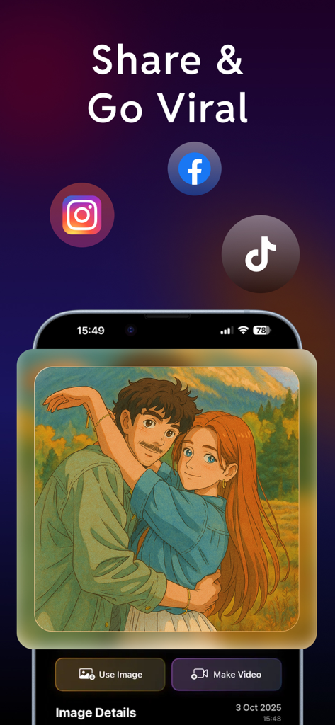 NENA AI Video Generator Pro - NENA AI Video Generator Pro app interface showing social media sharing options for an AI-generated anime couple hug video
