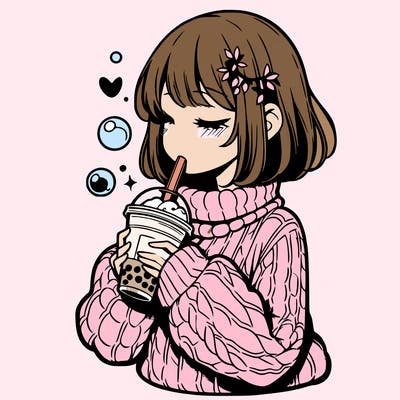manga girl drinking boba in cozy sweater
