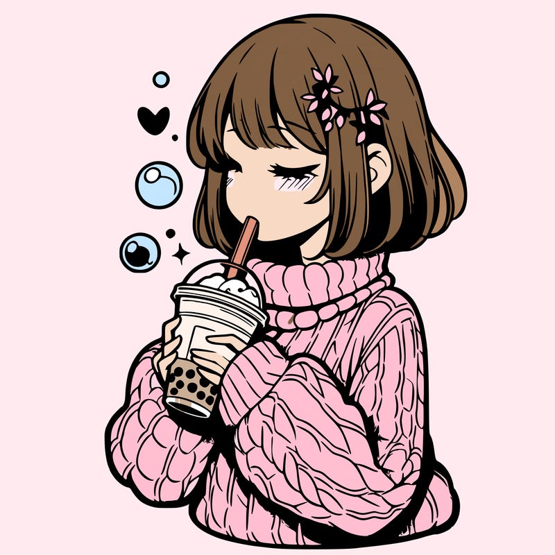 manga girl drinking boba in cozy sweater