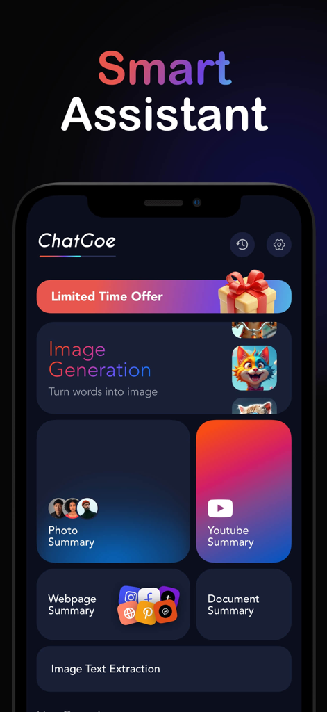 Interface do aplicativo G.AI exibindo recursos de assistente inteligente como geração de imagens e vários resumos de conteúdo