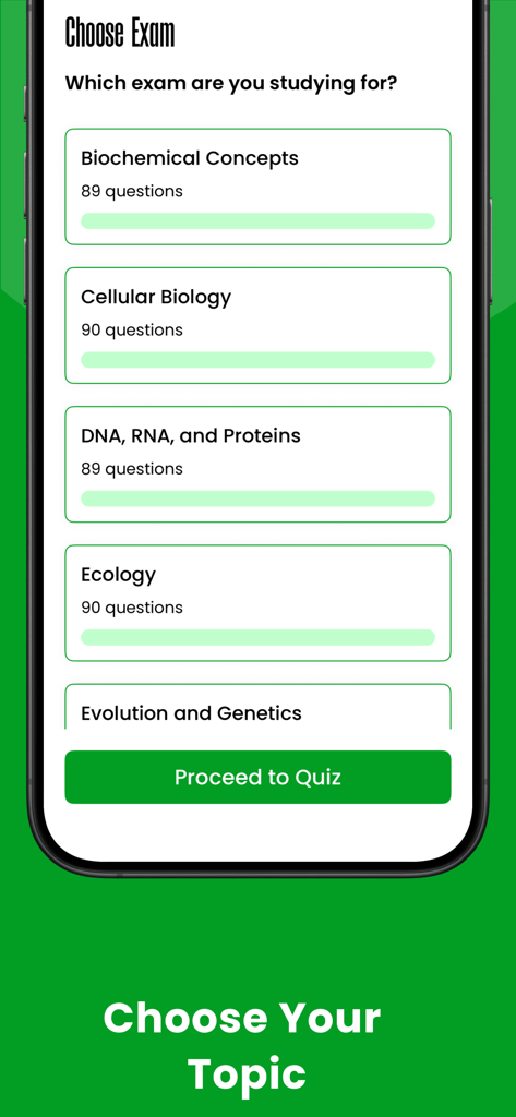 AP Biology Exam Prep Pro - A mobile app screen showing a list of biology study topics like cellular biology and ecology for exam preparation.