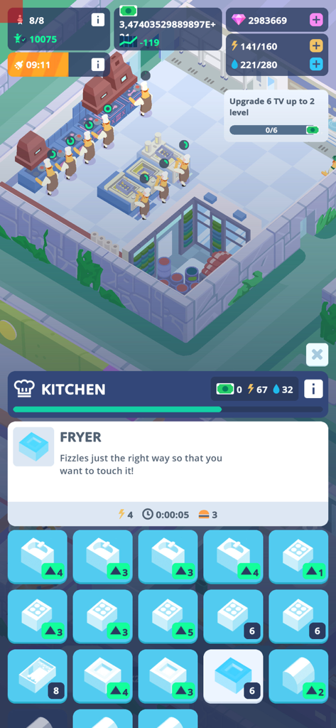 A gameplay screen of the kitchen management in Idle Mental Hospital Tycoon featuring chefs cooking and equipment upgrades.
