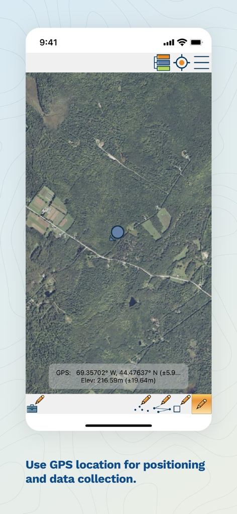 Vista mappa satellitare in Global Mapper Mobile che mostra le coordinate GPS, l'elevazione e gli strumenti di raccolta dati sul campo