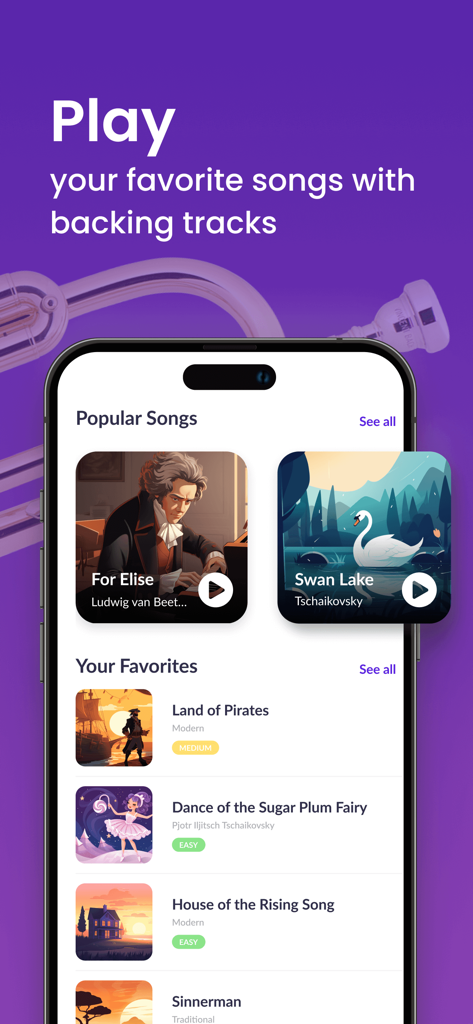 A mobile interface from the tonestro app showing a collection of popular songs and favorite tracks available for trumpet practice with backing tracks.