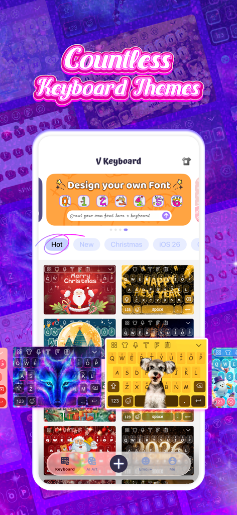 V Keyboard - DIY Themes, Fonts - V Keyboard app interface showcasing various custom keyboard themes and font design options